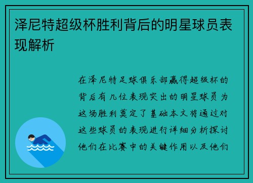 泽尼特超级杯胜利背后的明星球员表现解析